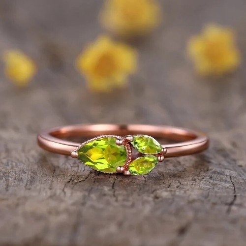 Natural Green Peridot Pear-Marquise three-stone Ring 14k Rose gold finish Silver