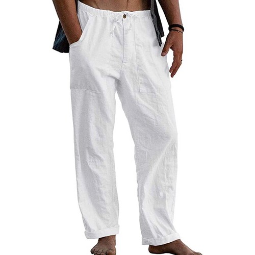 Men's Cotton Linen Long Pants Elastic Waist Multi Pocket Wide-Leg Trousers - Picture 8 of 32