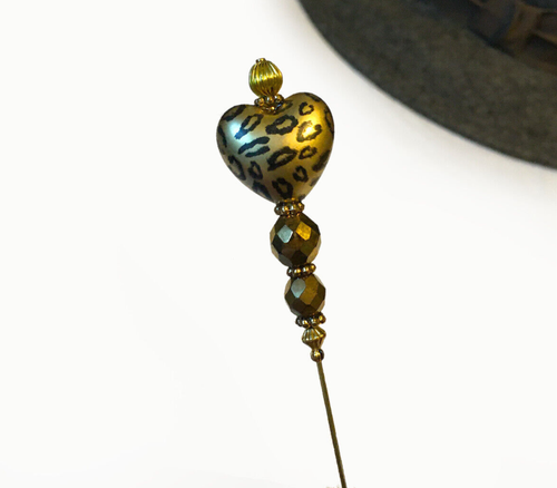 HATPIN with GOLD PANTHER HEART and 2 CRYSTALS on Gold Setting - 8" Hat pin - Picture 2 of 12