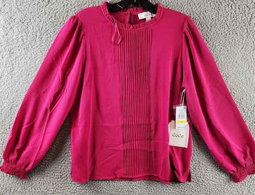 CeCe Pintucked Long-Sleeve Blouse Women's M Bright Geranium Back Button Closure~ - Picture 2 of 15