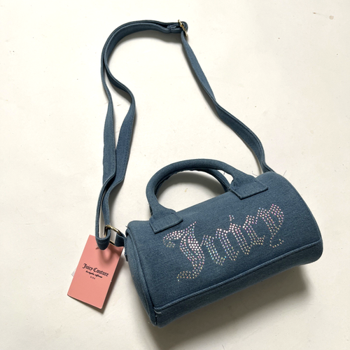 NWT Original JUICY COUTURE Mini Rhinestone Denim Barrel Crossbody Bag Sparkly - Picture 2 of 7