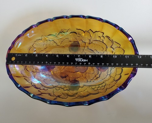 Indiana Glass Harvest Grape Carnival Glass Amber Oval Footed Bowl 12" VTG 70's - Picture 9 of 12