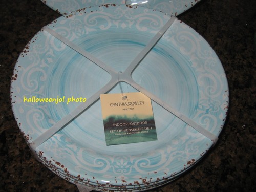 8 CYNTHIA ROWLEY Aqua Blue DINNER SALAD Plates MELAMINE Scroll Tuscan Medallion - Picture 4 of 7