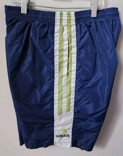 Vtg Adidas Nylon Shorts Medium Striped Running Soccer Blue 90s 80s Navy & Green - Picture 2 of 9