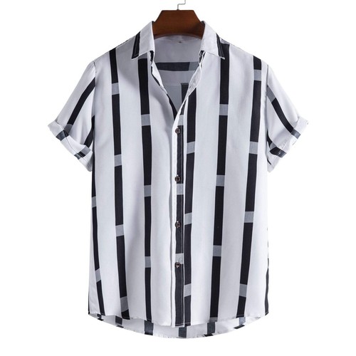 Striped Loose Plus Size Casual Men's Shirt with Short Sleeves and Lapel Collar M - Picture 14 of 21