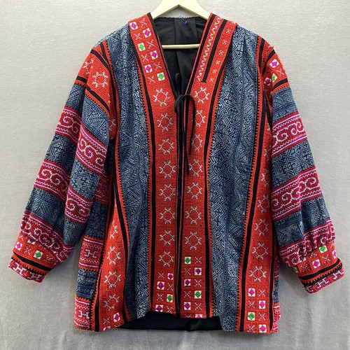 Thai Hmong Black Hemp Tie Front Jacket Handwoven Candle Indigo-dyed Embroidery
