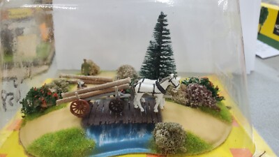 HO Vintage NOCH Rural scene loading logs on horse drawn wagon  AFTB15