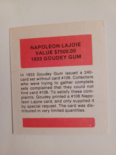 Napoleon Larry LaJoie Reprint 1933 Goudey Gum #106 Baseball Card Cleveland Naps - Picture 3 of 3