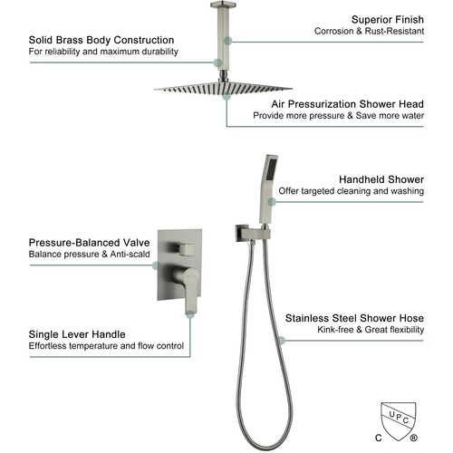 CASAINC Sistema doccia a pioggia 12 pollici doccia a mano valvola bilanciata a pressione soffitto - Foto 19 di 20