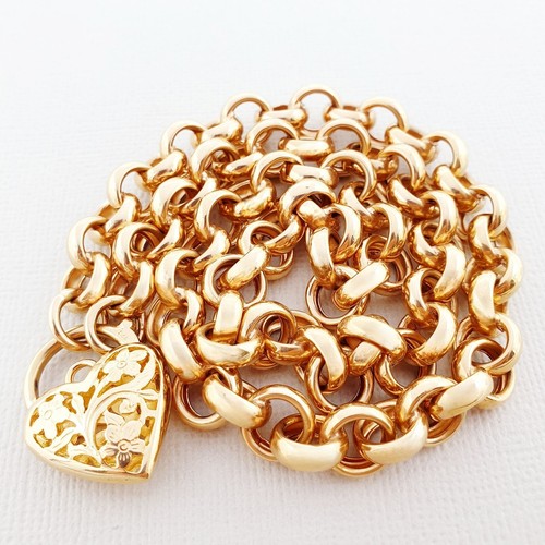 Chunky 9ct Yellow Gold Necklace 50cm 43Grams Heart Padlock Belcher Chain 9K - Picture 7 of 7