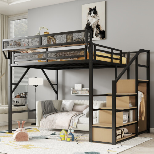 Metal High Loft Bed with Wardrobe Stairs Storage Shelf Full Queen Size Bed Frame - Picture 2 of 41
