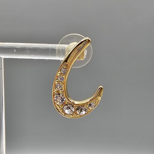 Rhinestone Swoop Earrings Pierced Ear Gold Tone Dangle Atomic Retro 1" - Picture 2 of 11