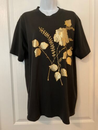 Vintage Women’s ONEITA Power 50 Black Tee Gold Floral Graphic Design Size XL -B6