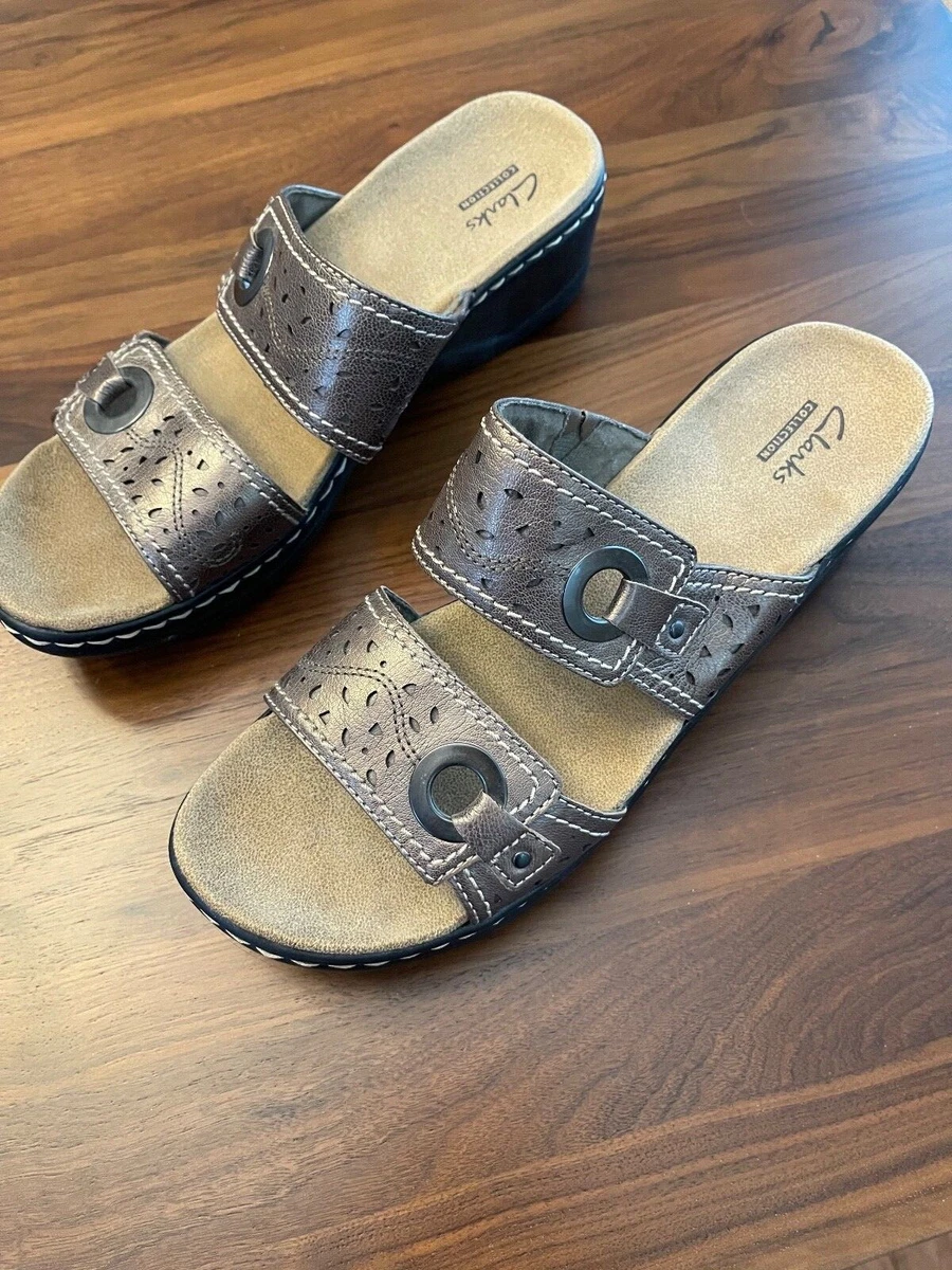 Clarks Bendables Lexi Willow Bronze Leather Wedge Slide Sandals Women s 9.5