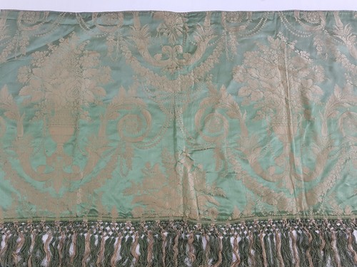 Antique Green & Gold Damask Silk Panel with Tassel Fringe 44x23 inches - Picture 6 of 12