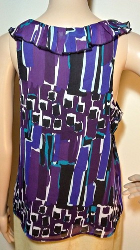 MERONA Blouse sz XL Sheer Ruffled V Black Purple Art Wear No-Stretch Sleeveless - Picture 6 of 6