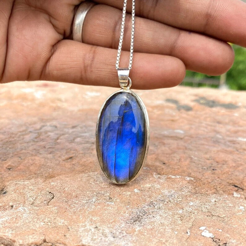 Splendido Pietra Labradorite 925 Argento Sterling, Fatto a Mano Ciondolo - Immagine 3 di 4