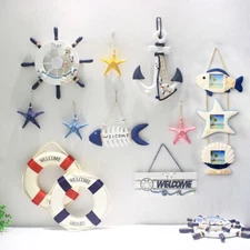 Nautical Wooden Steering Wheel Anchor Starfish Wall Hanging Decor Home Ornament