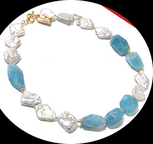 23 1/4" Aquamarine and Large Baroque Pearl Necklace, 18K Clad Sterling 925 - Picture 3 of 4