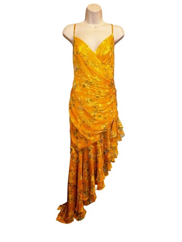 IEENA for Mac Duggal Size 8 Dress Yellow Floral Asymmetrical Ruffled Gown - Picture 2 of 15