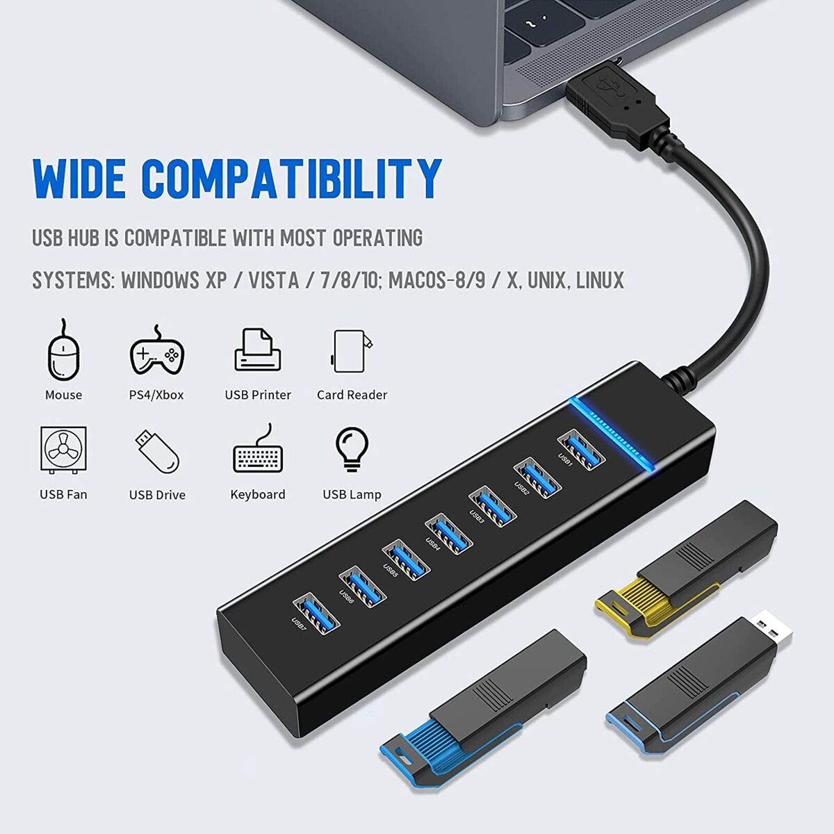 PHIXERO Hub USB 7 Puertos, Ladron USB 3.0 Alta Velocidad