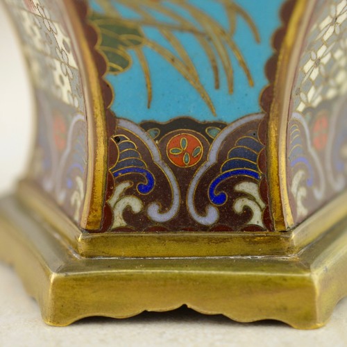 Meiji Japanese cloisonne enamel floral/bird & mask-head patterned hexagonal vase - Picture 14 of 19