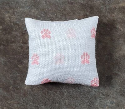 BARBARA O'BRIEN Dollhouse Pillow with Paw Prints White and Pink Handmade 1:12 Scale Miniature