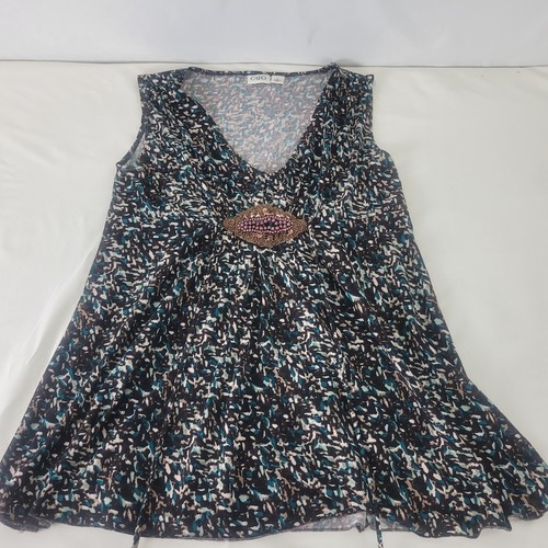 Cato Womens Blouse Small Top Multicolored Sleeveless Deep V Neck Beaded Shirt - Picture 10 of 13