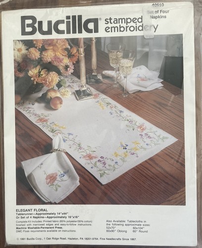 Vintage 1991 Bucilla Stamped Embroidery Kit ELEGANT FLORAL - Set Of 4 Napkins
