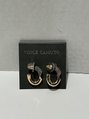 Vince Camuto Pave Detail Hoop Earrings Gold Tone Crystals Chunky Beautiful NEW