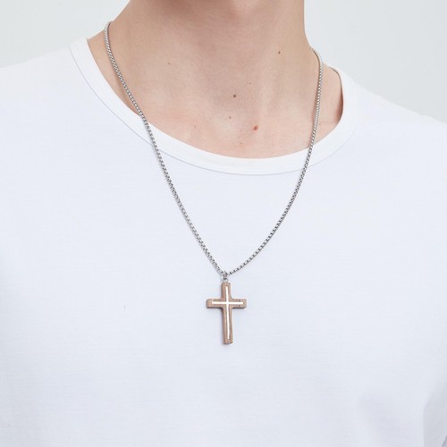 Wooden Cross Necklace for Men, Natural Walnut Wood Hand Inlaid Fine Steel Chr... - Picture 5 of 9
