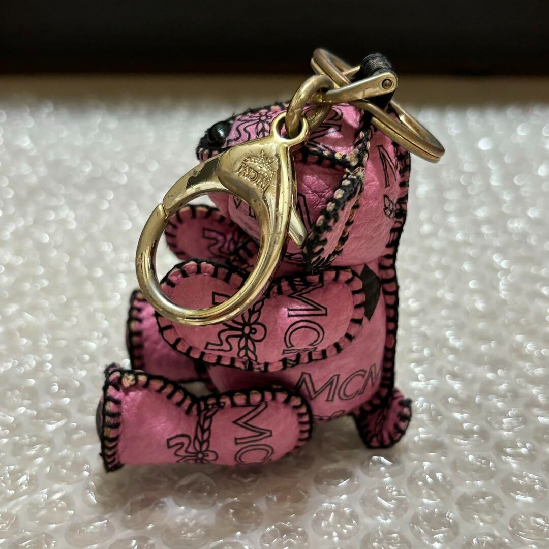 MCM Visetos Keychain Bag Charm Bear Pink Gold Logo Used Free
