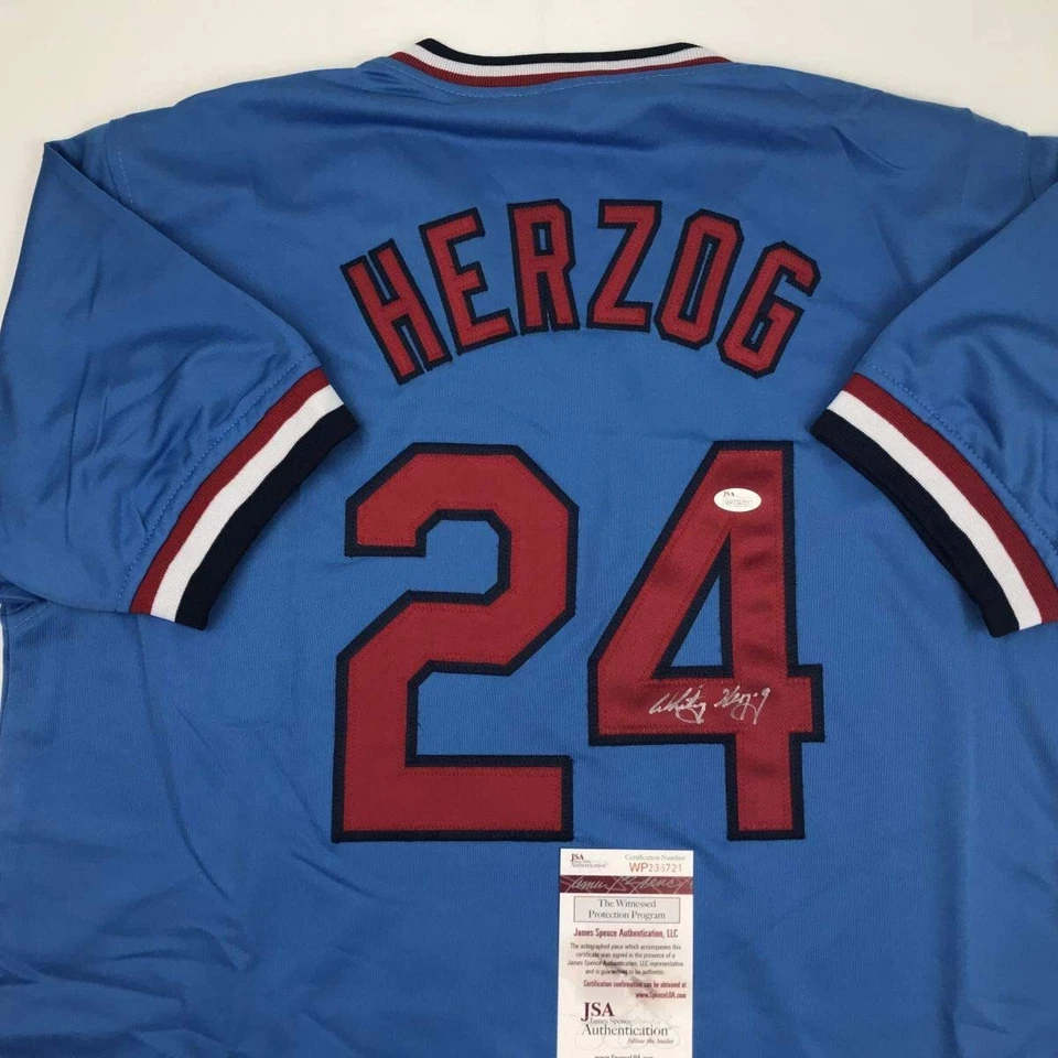 Autographed/Signed WHITEY HERZOG St. Louis Blue Baseball Jersey JSA COA Auto - Image 2 of 4