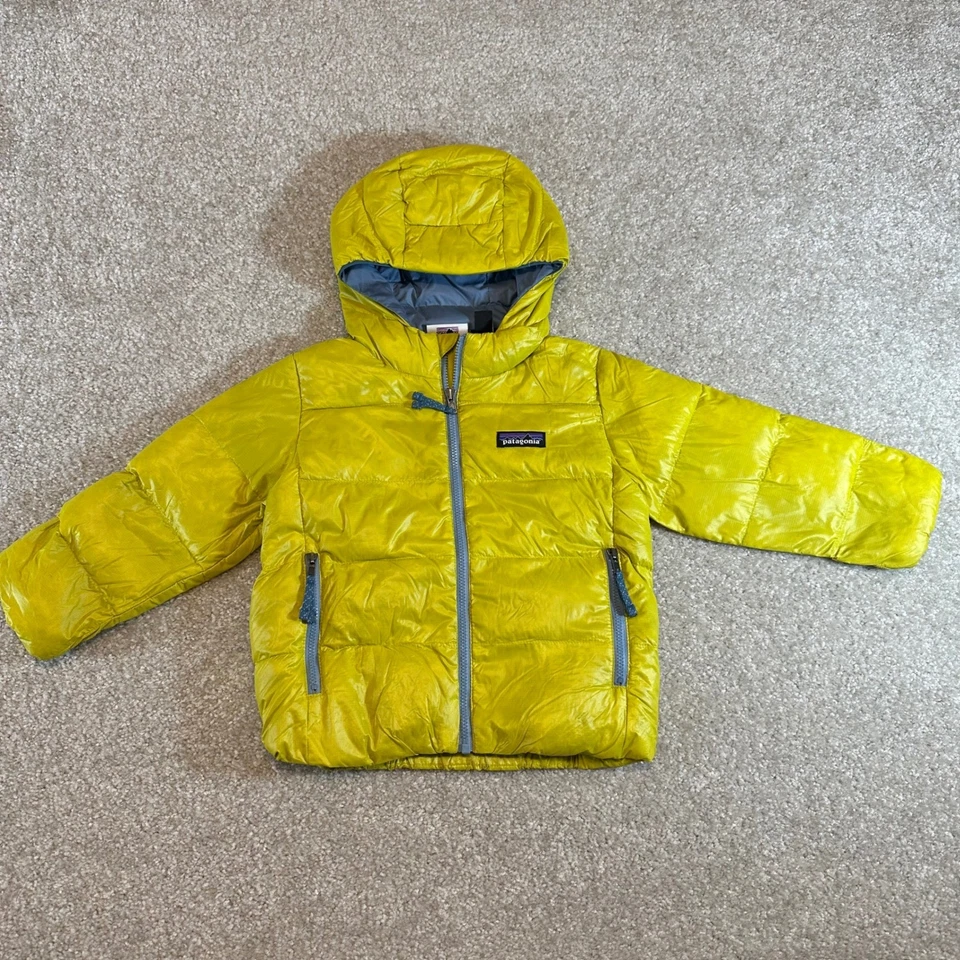 Patagonia 儿童羽绒服 Puffer 亮黄色连帽尺寸 2T 树苗绿色 — 第 2/4 张图片