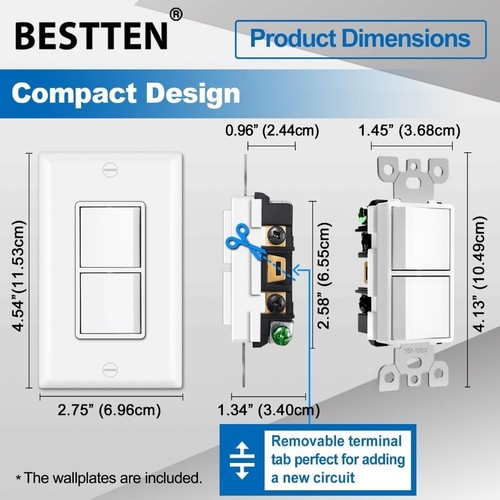BESTTEN 2 Pack Double On/Off Rocker Light Switch, Single Pole Combination - Picture 3 of 5
