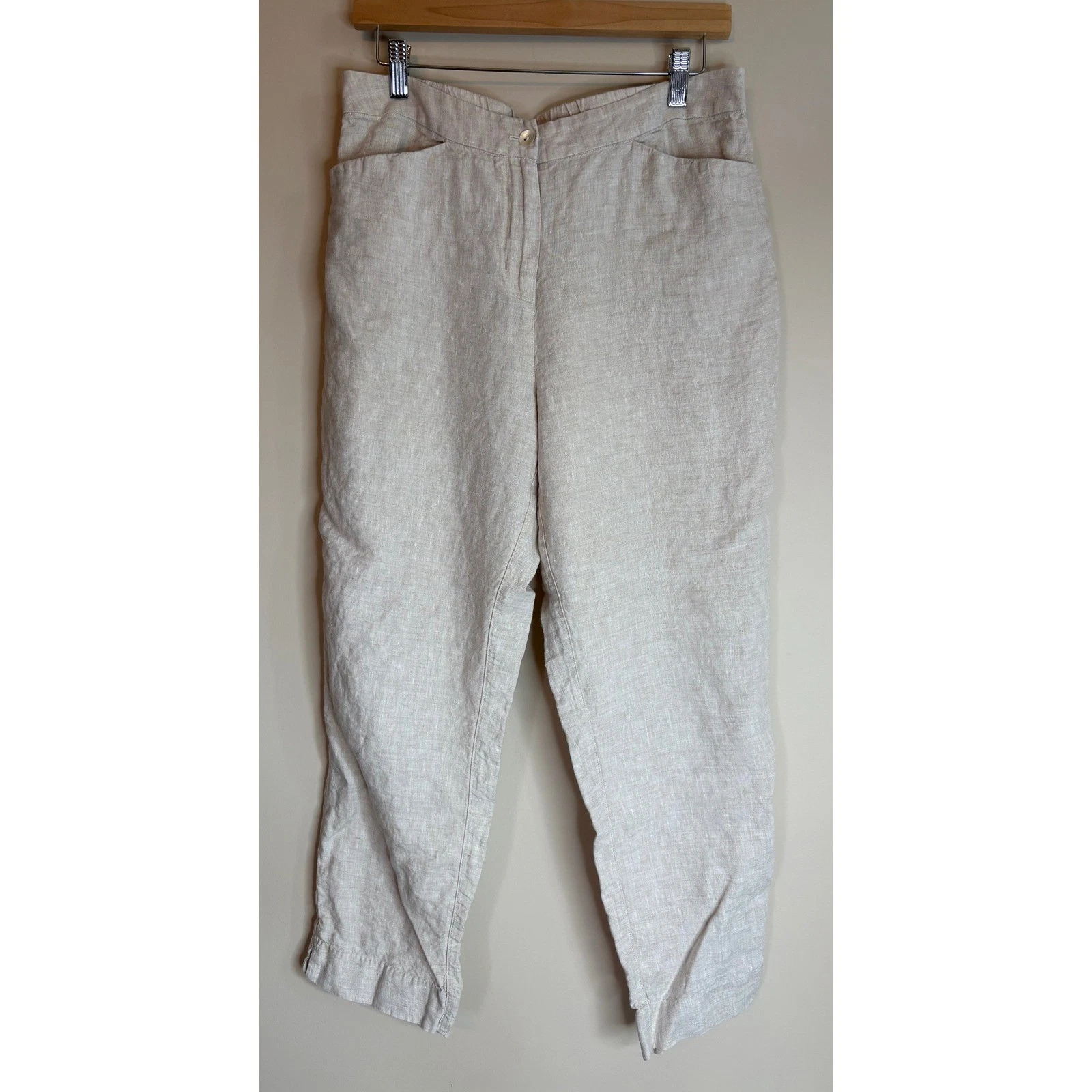 Chicos Womens 1R (8R) Oatmeal Beige 100% Linen Cropped Capri Pants Elastic Back