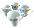 Crate And Barrel Coffee Mugs Tea Cups Set Of 4 Retro Squares White Yellow Aqua