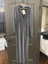 Silver Long Sleeve Metallic V Neck Jumpsuit Size M
