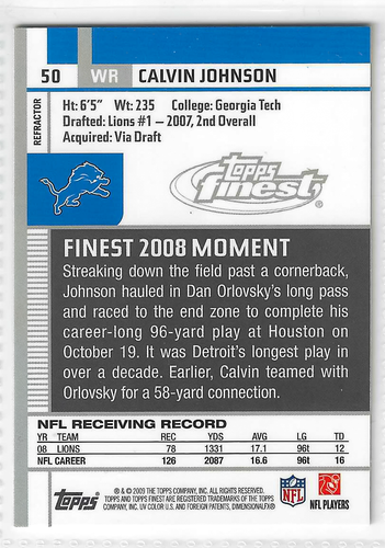 2009 Topps Finest - Calvin Johnson #50 Refractor - Picture 2 of 2