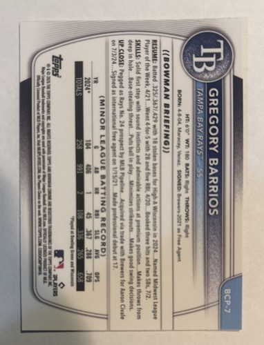 2025 Bowman - Chrome Prospects Gregory Barrios #BCP-7 Reptilian Refractor RC - Picture 2 of 2