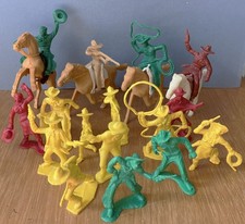 16 Vintage original 1960s Timmee 60mm plastic toy Cowboys Cowgirls 4 horses