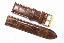 22mm Brown Crocodile Grain Leather Padded Watch Strap Band Gold Tone Buckle