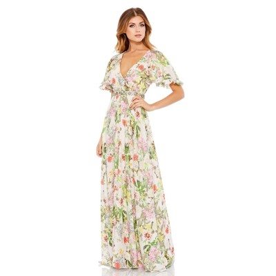 Mac Duggal Floral Print Faux Wrap Flutter Sleeve A-Line Gown Multicolor 8 NWT