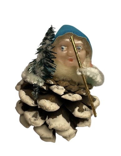 Vintage MCM Christmas Pinecone Elf Gnome Pixie Set Of 3 Bottlebrush Putz Japan - Picture 2 of 8