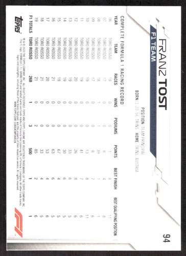 FRANZ TOST 2020 TOPPS CHROME FORMULA 1 #94 RC SCUDERIA ALPHATAURI - Foto 2 di 3