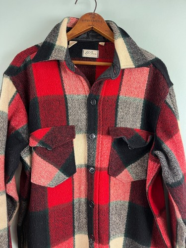 Vintage 1960s LL Bean Red Buffalo Plaid Wool Hunting Shirt Jacket Mens LG Tall - Picture 2 of 9