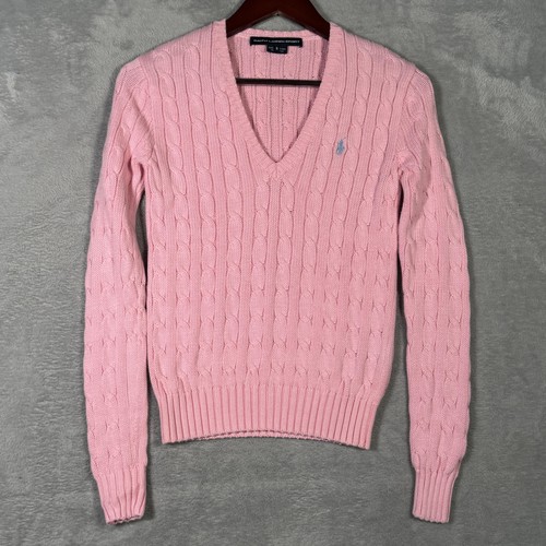Ralph Lauren Sport Sweater Womens Small Pink Cable Knit V Neck Pony Cotton Logo - Picture 2 of 7