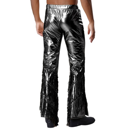 Mens 70s Disco Metallic Shiny Long Pants Bell Bottom Tassel Dance Trousers - Picture 21 of 44