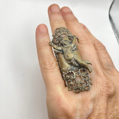 #ad Vintage KIM CRAFTSMAN Cherub Angel Romantic Bold Statement Ring Brass Size 7 $60.00