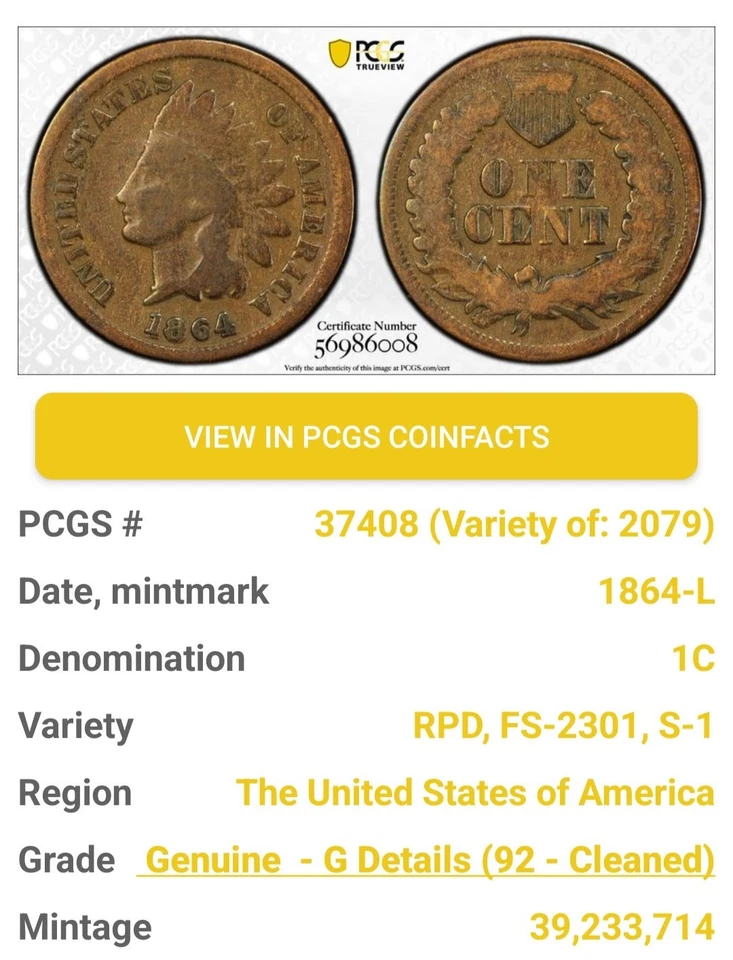 1864 P L on Ribbon, RPD FS-2301 S-1 Indian Head Cent PCGS G Details (Cleaned) - Image 2 of 4